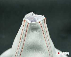 FIAT 500 Gear Shift Boot + Retaining Ring Set- White EcoLeather w/ Red Stitching + 500 Logo